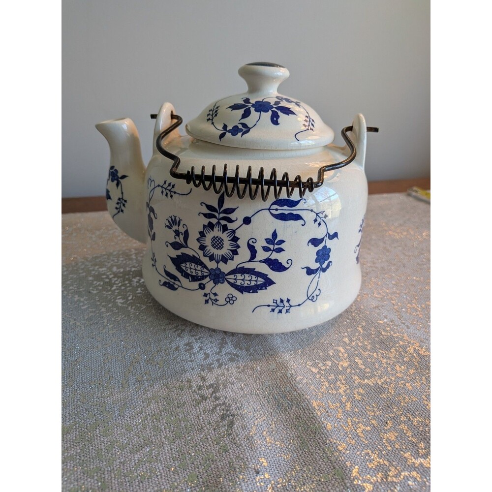 Vtg. Blue Onion Pattern Teapot Kettle 1950s Nevco Japan Porcelain Coating 6 Inch